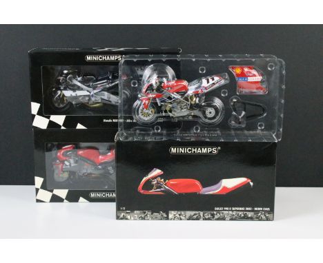 Three boxed 1/12 Paul's Model Art Minichamps diecast models to include Ducati 998 R Superbike WSB 2002 Ruben Xaus Team Ducati