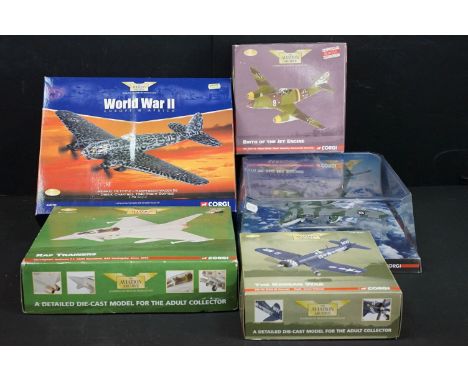 Five boxed Corgi Aviation Archive diecast models to include World War II Europe &amp; Africa AA33703, Bomber Legends AA31604,