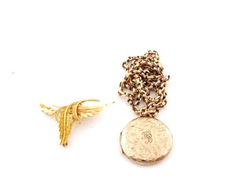 A Gold floral brooch plus a Gold front and back locket on a 9ct Gold chain