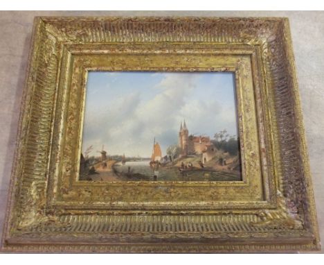 After Christiaan Immerzeel (Dutch 1808-1886) oil on panel of a Dutch Canal Landscape with Ferry Crossing, bearing signature I