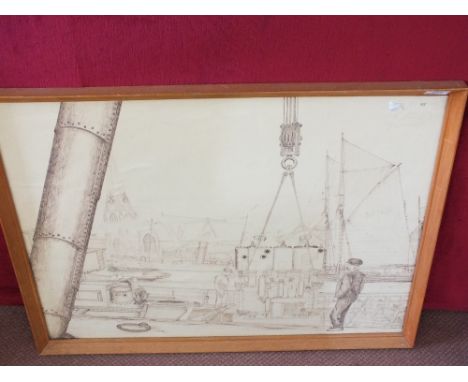 A sepia pen and ink of a harbour scene with a shop at Lowestoft dock showing removal of triple expansion engine, 22" x 29"