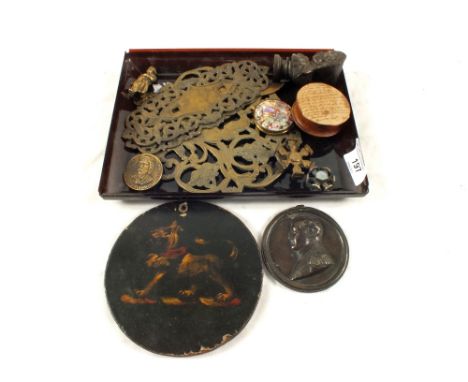 Various Brass items including small Napoleon figure, plaque, snuff box, small painted panel and two seal wheels etc