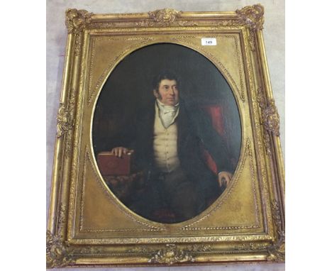A 19th Century oil on panel in oval frame, portrait of a seated gentleman, monogram and date 1834, 18" x 13"