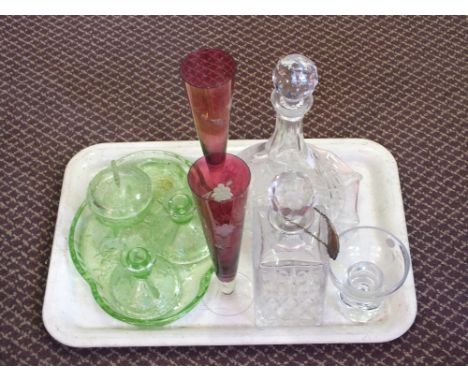 Two glass decanters, a green trinket set and other glass