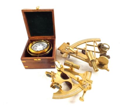 Two Brass Sextants and a cased compass