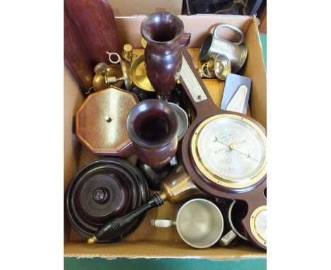 A barometer, wooden boxes and tankards etc