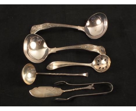 Two Silver ladle spoons, Sheffield 1937, a Silver cake slice, Sheffield 1889, a small Silver ladle, Edinburgh 1987 and two pi