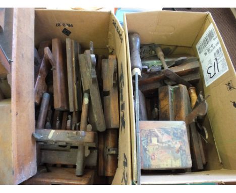A large quantity of wood moulding planes and tools (two boxes)