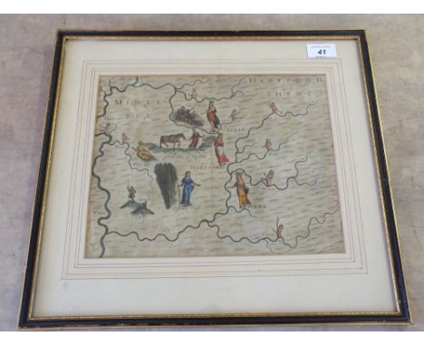 A vintage map of Herts and Middlesex with hand coloured nymphs and figures, rear marked Drayton 1613, 9"x 11"