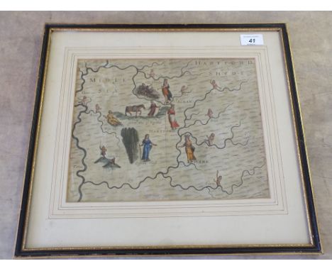 A vintage map of Herts and Middlesex with hand coloured nymphs and figures, rear marked Drayton 1613, 9"x 11"