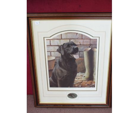A dog painting on porcelain initialled K R 1907 and three other pictures