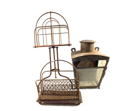 An Oak and Brass floor standing magazine rack plus other and an outdoor lantern