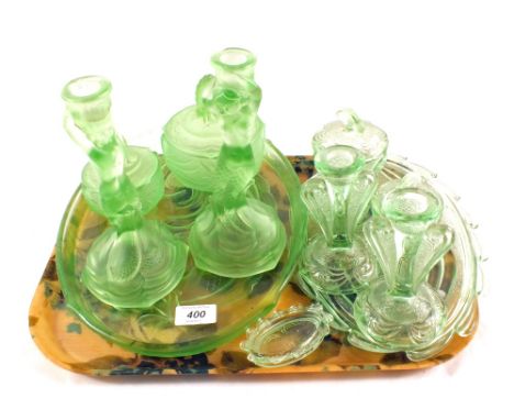 A green glass figural trinket set and one other 
