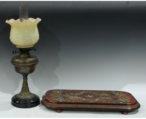 A large Victorian rosewood beadwork teapot stand, floral multi coloured beaded and embroidered top, rounded rectangular frame