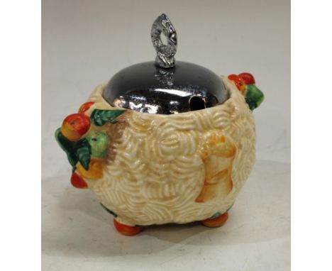 A Clarice Cliff Celtic Harvest pattern preserve jar and chrome cover, 11cm, printed Newport Pottery mark in green 