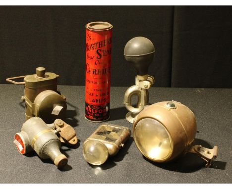A Miller model 4R bicycle lamp; a Miller No.32 R.I. bicycle dynamo with red lens; other lamps etc (6) 