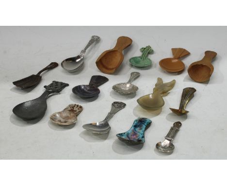 Caddy Spoons - an Arts and Crafts style copper and enamel caddy spoon; others, Norwegian pewter; treen; bakelite; etc 