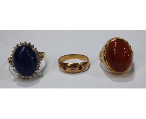 Rings - a Victorian ruby and diamond trilogy ring, stamped 18ct, 2.6g gross;  a lapis lazuli and white stone yellow metal dre