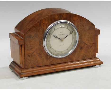 An Art Deco Mappin &amp; Webb walnut mantel clock, eight day movement 