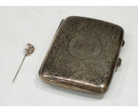 A silver rounded rectangular cigarette case, gilt interior, Birmingham 1909, 79.6g; a silver pin,marked sterling (2) 