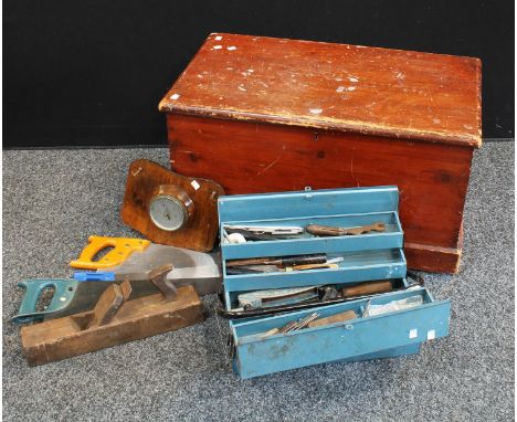 A pine blanket chest; a quantity of tools; barometer; etc 