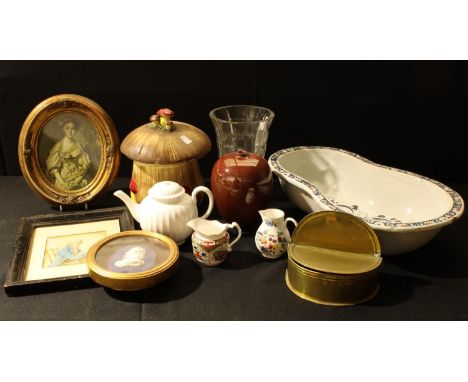 A French pottery bidet,   a novelty mushroom biscut barrel; a Royal Worcester white teapot;  prints;  etc 