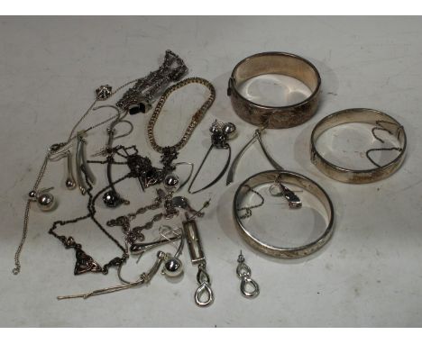 A silver hinged bangle; two others; a silver and jet necklace and earrings set; other fashion jewellery; qty 