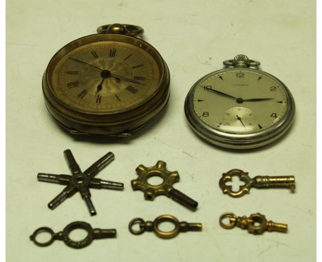 A late 19th century brass pocket watch, The Waltelin Guinea Chronograph, engine turned dial, 5.5cm diameter; a Longines stain