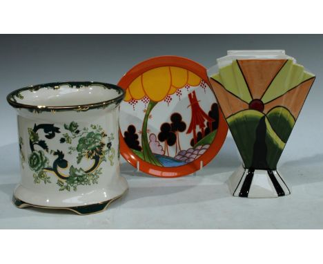 Ceramics - a Lorna Bailey fan shaped vase, Sunrise; a Mason's Ironstone Chartreuse planter; a Wedgwood Clarice Cliff Bizarre 