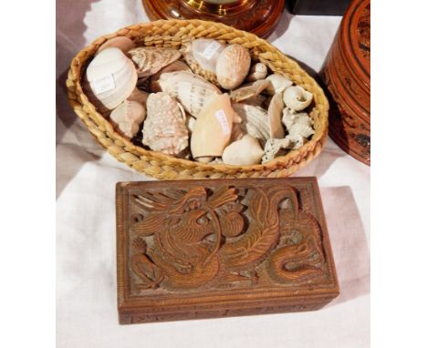 Carved mahogany aneroid barometer, quantity of shells and carved box 