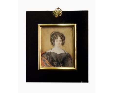 English school 
Miniature on ivory
Head and shoulders portrait of a lady in black dress and peach patterned shawl, gold-colou