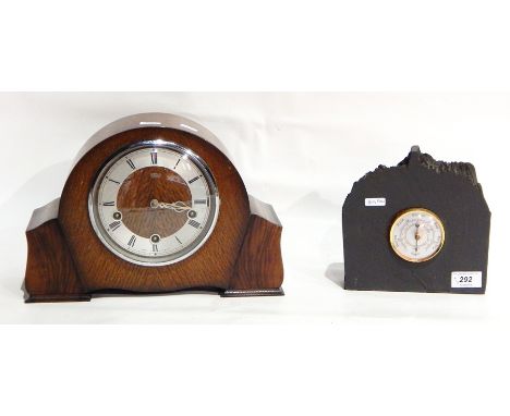 A Smiths oak cased mantel clock with silvered chapter ring, striking and chiming movement together with an open faced metal c