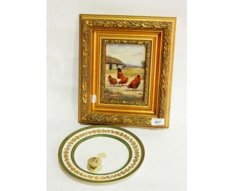 A Royal Worcester small trinket box, Haviland & Co Limoges plate with gold leaf decoration and an oil on panel of a farm scen