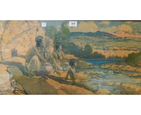 Colour print after Robert Wesley Aurick 
Red Indians seated on rocks, entitled "Where the Sun Goes" 