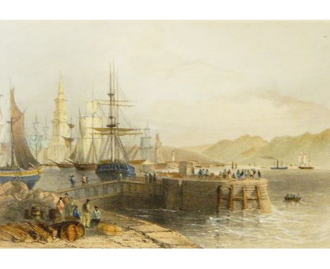 Coloured engravings of "New Bridge and Bromielaw, Glasgow" depicting boats on the water, bridge in background, "Port Glasgow"