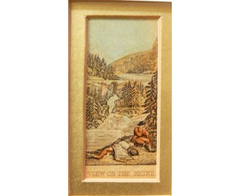 Set of four similarly framed 19th century handcoloured small engravings of children including Baxter print and river landscap