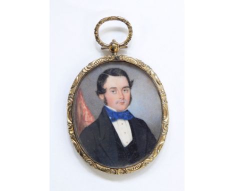 Miniature on ivory
Head and shoulders portrait of a gentleman in period dress, oval, 5.5cm x 4.5cm 