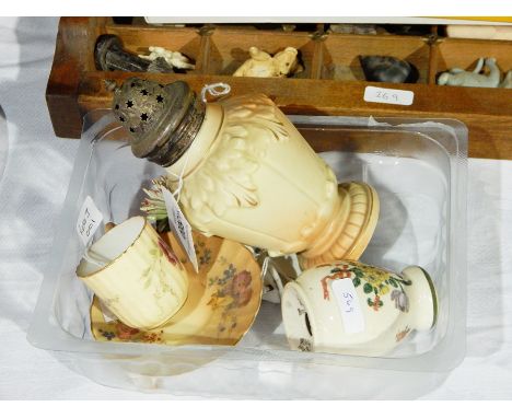 Royal Worcester miniature blush cup and saucer, a Worcester sugar shaker, Locke and Co. with metal fitting, painted with a pe