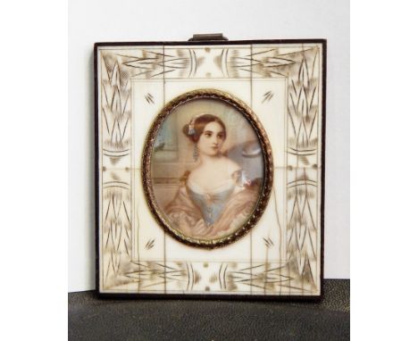 20th century miniature on ivory
Head and shoulders portrait of a lady in blue dress with pink shawl, oval, 5cm x 4cm 