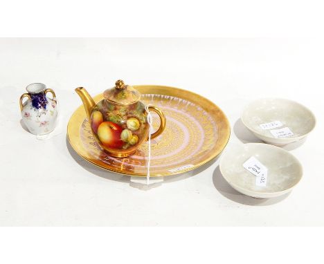 A Royal Worcester china miniature teapot, painted with with apples and gooseberries signed E. Townsend, 8cm, Continental porc