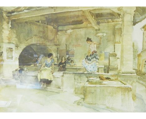 After William Russell Flint
Colour print 
Women dancing on ledge in building, holding a plate, signed in pencil 