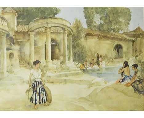 After William Russell Flint
Colour print
Woman bathing, girl in foreground in floral skirt, signed in pencil 