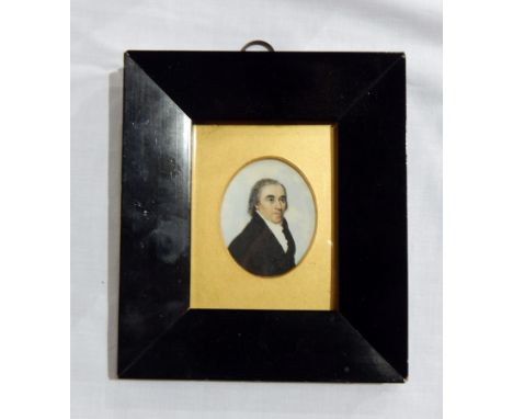 19th century miniature on ivory
Half-length portrait of gentleman wearing white cravat, oval, 6.5cm x 5cm 