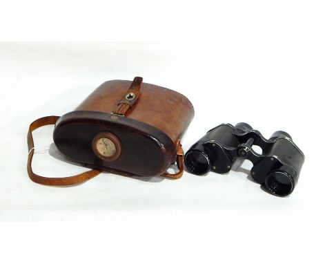 Fratelli Koristka Binoculars 6x30 in fitted leather case inset with a compass to the lid, c.1940, possibly Italian military 