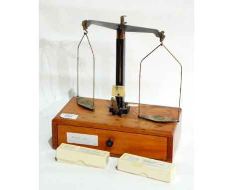 Class B scales complete with circular and rectangular weights, tweezers and pans, slide rule and vintage hypodermic syringe 