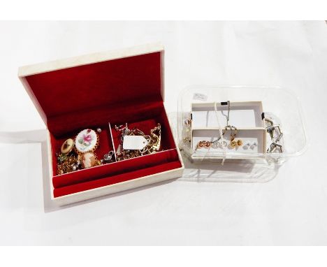 A pair of silver cufflinks, the oval plates with an engine-turned sunburst and assorted costume jewellery including a shell c
