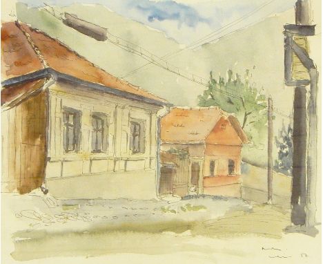 F Lucas-Brewer 
Watercolour drawing
"Robin's Farm, Heston" showing Osterley church
F L Brewer
Watercolour drawing
Alpine land