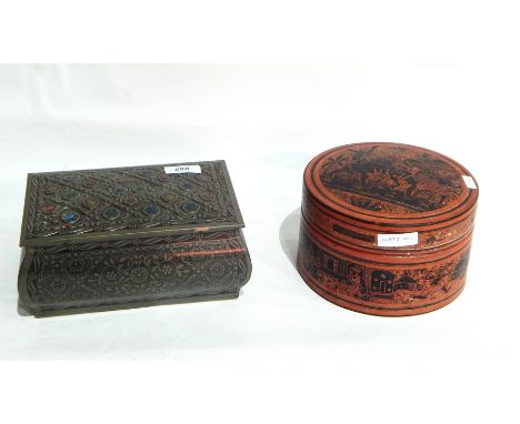 Two wooden boxes, Nabisco Frears Biscuit tin, Sarcophogus patten and Eastern style circular box with fitted shelf. (4)