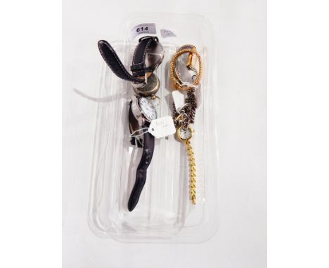 A silver 800 standard lady's open faced fob watch with enamel dial, a silver curb link Albert chain and four wristwatches inc
