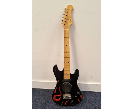 SMALL SIZE ELECTRIC MUSIC ALLEY GUITARMusic Alley on headstock with black and red flame finish, fourteen frets to body, inbui
